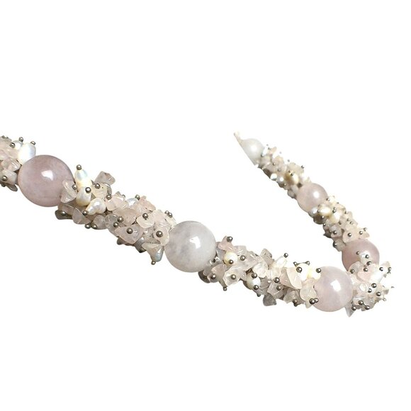 Vintage Rose Quartz & Quartz Crystal Beaded Necklace with Freshwater Pearl - Picture 2 of 7